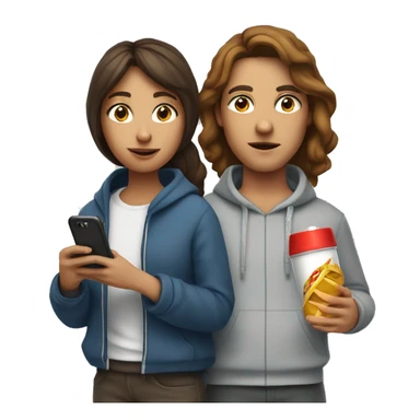 woman with brown hair holding an inhaler and fast food standing beside a man with a hoodie on holding his phone  sticker