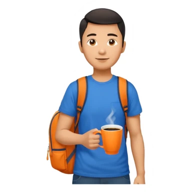 an asian man in blue t-shirt with orange cup of coffee and backpack on the back. Eiffel tower on the background sticker
