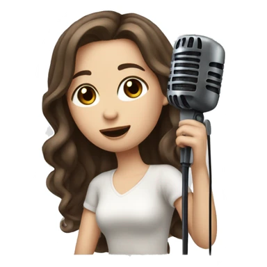 a girl with long brown hair middle part, hazel eyes, pale skin, dark lips, singing into a microphone sticker