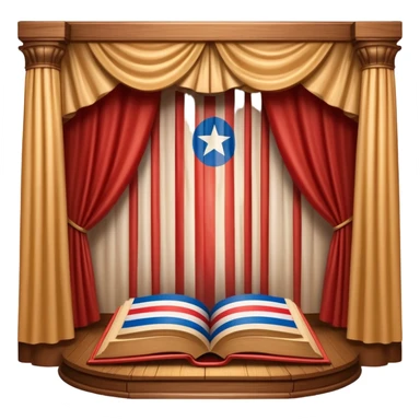 Timeless book with Puerto Rican flag colors flowing across cover like theater curtains, wooden stage elements carved into leather, golden light emerging from within, representing eternal theatrical legacy sticker
