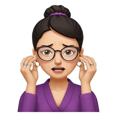  middle aged woman with dark hair pulled up in a high bun, wearing round ring earrings and glasses, expression extreme pain on her face, covering her ears with her hands very painful expression on her face, eyes squeezed shut, wincing in pain covering her ears with her hands sticker