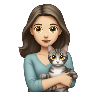 Long Dark brown haired white girl with hazel eyes holding gray tabby cat sticker