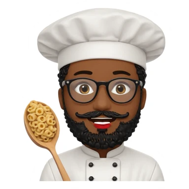 CHEF CON PELO NEGRO RIZO Y BARBA NEGRA, OJOS MARRON OSCURO Y GAFAS DE PASTA NEGRAS. SONRIE Y TIENE MARCAS DE BESOS CON FORMA DE LABIOS EN LAS MEJILLAS (COMO MANCHAS DE PINTALABIOS) sticker