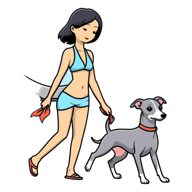 Slim Chinese woman with long black hair in appropriate beach attire at the beach with her completely solid grey Italian greyhound, the dog has absolutely no white markings anywhere, not on face or paws, solid grey color throughout entire body sticker