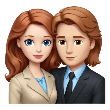 Barbie girl  , eyes blue , Chestnut red long wavy hair In pale beige clothes, Hugs a man with light brown hair short haircut, brown eyes , and a black suit sticker