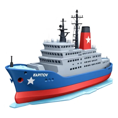 Realistic 3D icon of icebreaker "Kapitan Krutov" (grey hull, red star, white superstructure, "РОСМОРПОРТ" lettering). Soft winter lighting, 3/4 aerial view. Fractured blue ice, white background. High detail, photorealistic GSON style. sticker