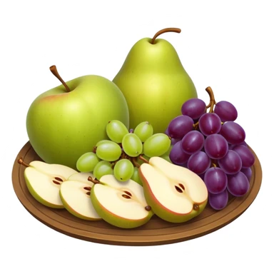 medieval fruit platter object icon, sliced apples and pears, grape clusters, rustic plate, fresh juicy look, 3D cartoon, mobile game icon style, clean background, no text, no watermark
 sticker