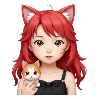 very cute anime cat-girl with small cat ears, red blowing hair sticker