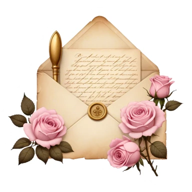 An antique handwritten letter with dried light pink roses and a golden wax seal, vintage aesthetic. sticker