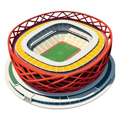 Beijing National Stadium Bird's Nest Olympic structure, simplified emoji style with bold outlines and bright colors, cartoon style modern nest-like building sticker