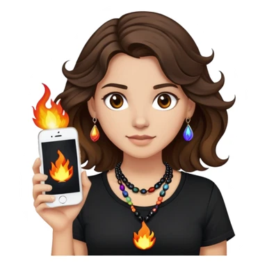 brunette girl with wavy medium length hair, brown eyes, light/medium skin tone, holding iPhone and light phone, wearing black tee shirt with flames on it and colorful beaded charm necklace sticker