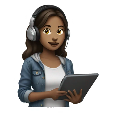 Brunette girl with headphones drawing on tablet sticker