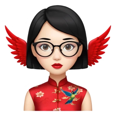 an oriental lady wearing red cheongsam, red lipstick, winged eyeliner, fair light a bit pink skin, small nose, a bit thick sensual lips, not too slim but not fat, wearing transparent glasses, black hair mid length sticker