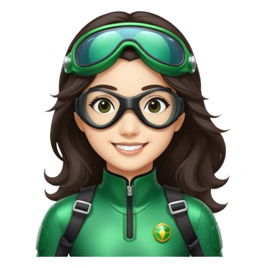 green Power Ranger, Asian girl with long, less wavy dark brown hair, side parting, smiling, wearing scuba goggles sticker
