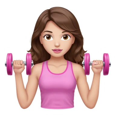 girl with wavy long brown hair, brown eyes, light to medium complexion, long lashes, light pink lipstick, wearing light pink shirt, lifting pink dumbbells in a sports top sticker