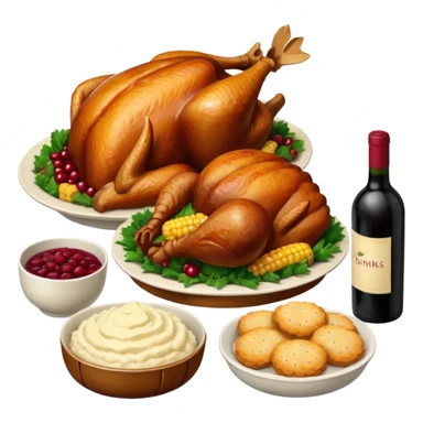 Thanksgiving Dinner with friends of all different races; have the food be a cooked turkey, mashed potatoes, corn, a basket of biscuits, a small bowl of cranberry sauce, baked yams, steamed vegetables, and a bottle of wine. sticker