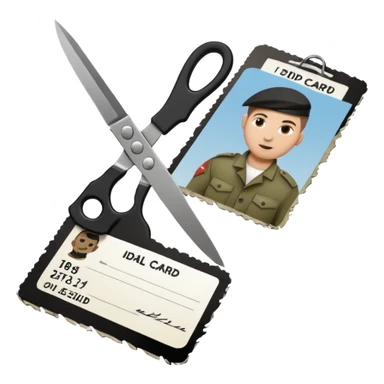Floating black Scissors cutting in half an idf soldier ID card in 2 parts .hyper realistic sticker