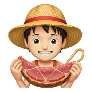 An emoji of luffy in a straw hat in one piece eating meat and laughing.  sticker