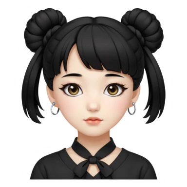 a beautiful girl face, wearing cute korean makeup, black hair, tied into two buns low near the ears with front bangs, kpop idol sticker