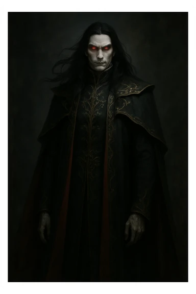 tall, imposing figure with long, flowing black hair and piercing red eyes that glow with supernatural intensity. Pale skin contrasts with dark, regal attire—a floor-length black and red cloak with ornate gold embroidery. Exudes nobility and menace, with sharp, angular features and a cold, stoic expression that masks deep rage. sticker