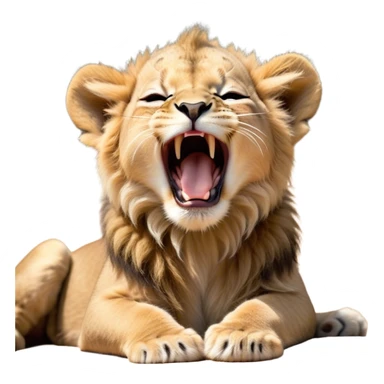 Cinematic Cute Yawning Lion Cub Portrait Emoji, Head tilted slightly with a dramatic, wide-open yawn, showcasing a soft, downy tawny Fur with a majestic mane, floppy ears slightly drooping, round amber eyes barely open in drowsy contentment, Simplified yet irresistibly adorable features, highly detailed, glowing with a soft, cozy glow, high shine, relaxed yet expressive, stylized with a touch of savannah whimsy, bright and endearing, soft glowing outline, capturing the essence of a sleepy yet affectionate Lion Cub, so drowsy it feels like it could stretch out of the screen and curl up for a nap! sticker