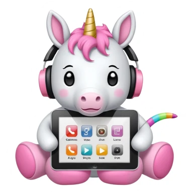 Emoji WhatsApp di un unicorno di peluche bianco con corno rosa, cuffie nere e e-reader. Stile vettoriale pulito, forme arrotondate, colori morbidi, espressione dolce, sfondo trasparente. sticker