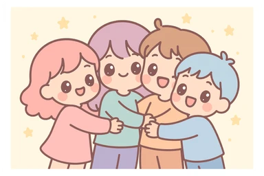 a group of friends hugging, kawaii style, cute, soft colors, big eyes, warm and friendly atmosphere sticker