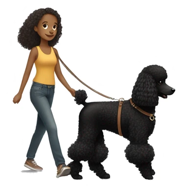 3 legs One Small unshaved Black Poodle with brown harness is walking with a black long hair pretty girl sticker