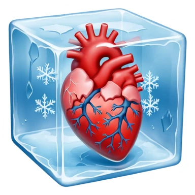A highly detailed, realistic human heart frozen solid inside a transparent cube of ice, with visible cracks, frost, and cold mist surrounding it, dramatic lighting, dark background sticker