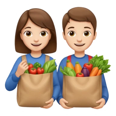 caucasian kids putting groceries in bags smiling brown hair sticker