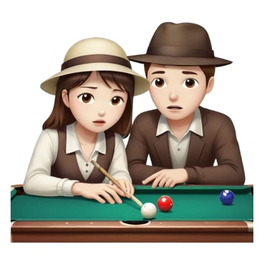 Chinese Girl without glasses and young white man with a hat and glasses brown hair playing table pool, the white man is crying because he lost  sticker