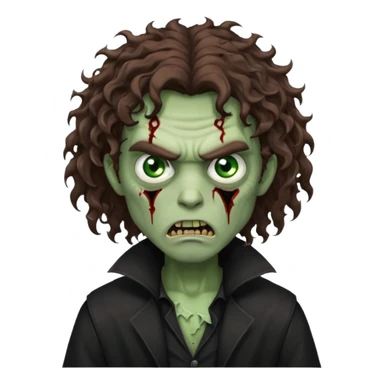 long curly haired male zombie with brown hair color and green eye color, with dark vampire clothes and angry face emotion sticker