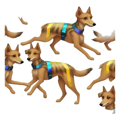  brindle brown black maroon striped lurcher Alsatian fox running blue eyes and iridescent holographic oilslick harness wearing paper iridescent tropical flower crown yellow caution tape sticker