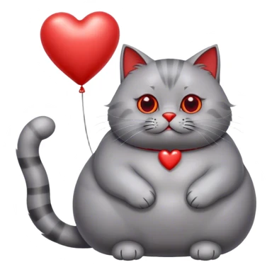 gray fat British cat and red heart metallic baloon sticker