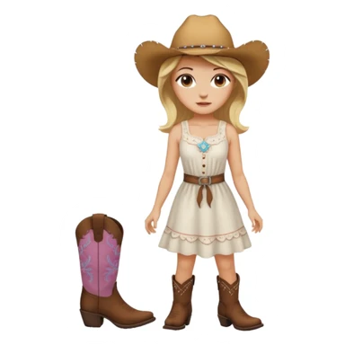 Please give me the woman standing emoji with a peach skin tone, medium length blonde hair, and dark brown eyes. Please make her wear a white sundress and brown cowgirl boots sticker
