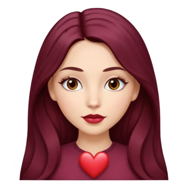 young white woman 
brown almond eyes
heart shaped lips
Long waist-long hair, center parted
slightly wavy
dark burgundy hair\ sticker