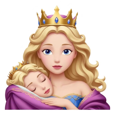 Cinematic Realistic Sleeping Beauty (Aurora) Portrait, with porcelain-like skin featuring a natural rosy flush, illuminated by soft lighting that highlights the gentle contours of her face. Her golden blonde hair flows in soft, detailed waves with subtle highlights that shimmer in the light. Her deep violet-blue eyes radiate warmth and innocence, framed by arched brows and long lashes. Her serene expression exudes quiet elegance. She is dressed in her classic pink gown, the fabric rich in texture with delicate folds that catch the light. A golden crown rests atop her head, gleaming with royal refinement. The portrait captures a soft, glowing aura, blending realism with an ethereal sense of beauty and timeless enchantment. sticker