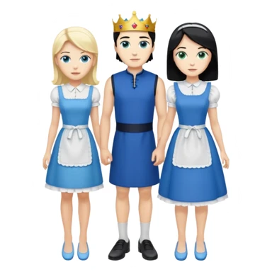 King, black hair, body, legst, blue eyes, blue garmont,  shoes, maid blonde hair, green eyes, sexy short sleveless White dress, shoes sticker