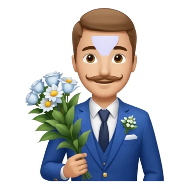 Homme 23 ans léger bouc moustache en costume bleu chemise blanche insigne cabin crew portant bouquet fleur blanche souriant  sticker