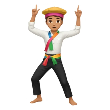 barefoot man dancing in black pants, white shirt, colorful sash, and piri hat, snapping his fingers near his head with arms raised and elbows bent sticker