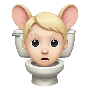 A toilet with a head coming out of it that has blonde flat hair and big ears sticker
