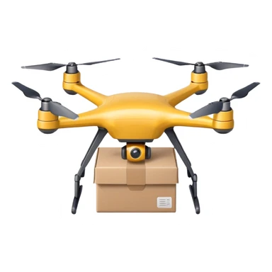 Delivery drone sticker, quadcopter carrying small package box, friendly design, simple flat vector style, soft shadow, white outline, transparent background sticker