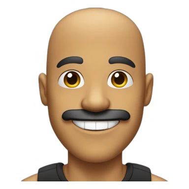 Bald man with very big black mustache and tan skin and a super big smile and smiley eyes and a black t-shirt sticker