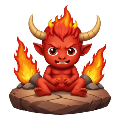 a Red devil, short horn Chibi red demon sitting on fire rock sticker