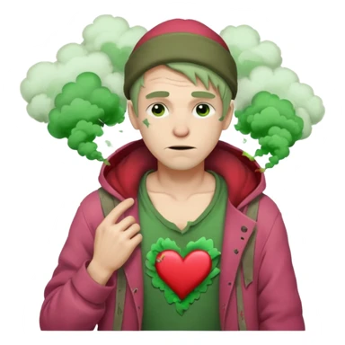 Homeless Caucasian male with green smoke around him and ripped clothes with valentines decor (no balloons) sticker
