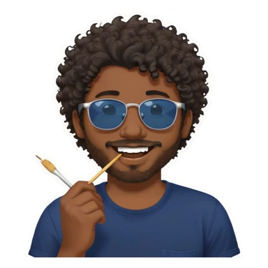 A cartoon-style sticker of a young man with messy dark curly hair and a short beard. He is wearing a navy blue t-shirt. He is smiling confidently with a toothpick in his mouth, held between his teeth on the right side. His sunglasses are unique — they are clearly hand-drawn on white paper and cut out, with cyan-colored diagonal lines and bold outlines. The paper glasses are placed on his face in a humorous way. He is pointing with his left hand in a playful, “you got this” gesture, with his thumb up and index finger pointing forward. The style is bold, outlined, with vibrant colors, clean vector lines, and designed for use as a sticker. Transparent background. sticker