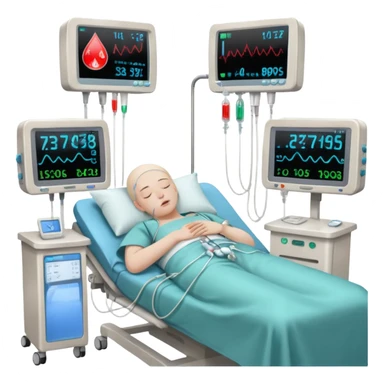 a PATIENT waking up before a surgery sleeping. And monitors with vitals and numbers sticker