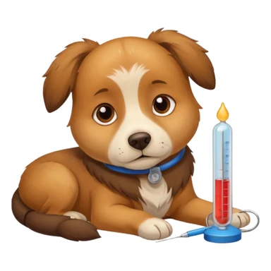 A sick dog lying down with a thermometer beside it, indicating a fever.
Cute but gentle style, warm colors, conveying concern and care. sticker