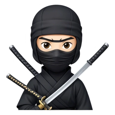  A emoji cartoon-style digital illustration of a ninja dressed in a full black outfit with a face mask, leaving only the eyes visible. The ninja has a serious and focused expression. A katana sword is strapped to their back, with the handle visible over one shoulder. The background is plain white sticker