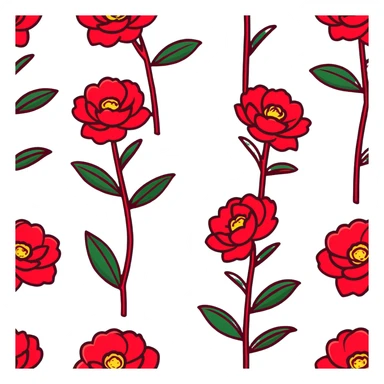 Elegant camellia japonica (tsubaki) bloom with perfect geometric arrangement of deep red petals and serrated green leaves sticker